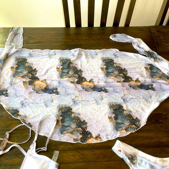 Shein 3 piece Marble Print Bikini Swimsuit with Beach Skirt NWT - Picture 9 of 17